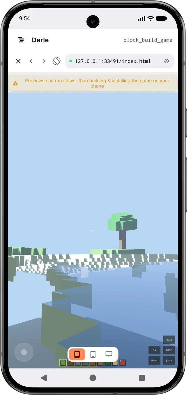 A 3D voxel game running inside Derle on Android