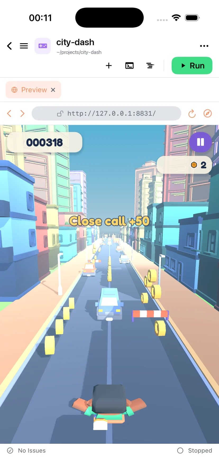 City Dash, a 3D runner game, running inside Derle on iPhone